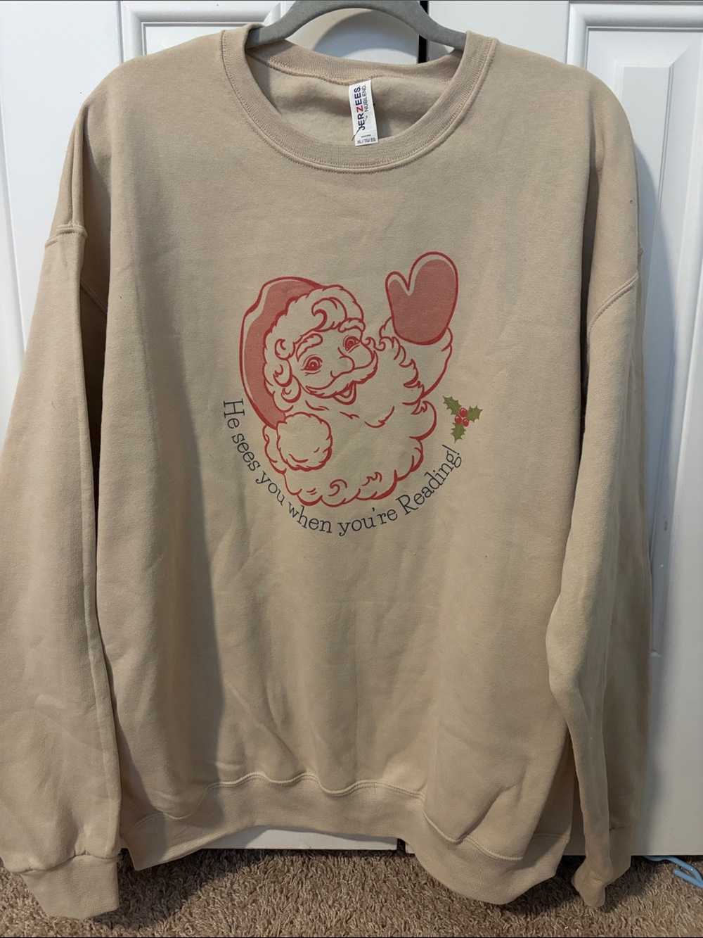 Jerzees Tan Santa Graphic Crewneck Sweatshirt